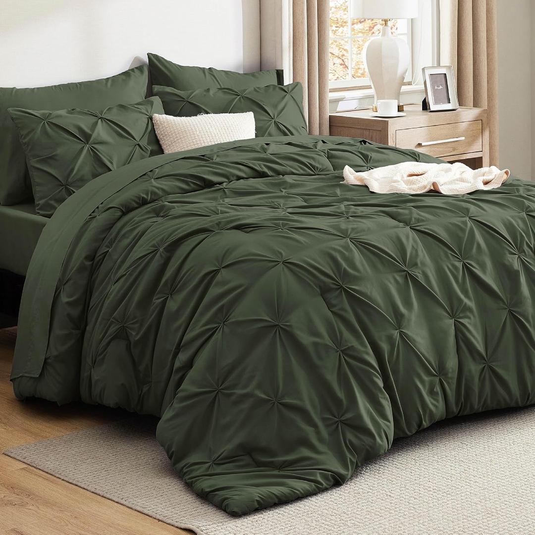 Bedsure King Size Comforter Set Olive Green - Bed in a Bag King Size 7 Pieces, GentleSoft™ Pintuck Bed Set Gift for Family, Pinch Pleat Olive Green Comforter with Sheets, Pillowcases & Shams