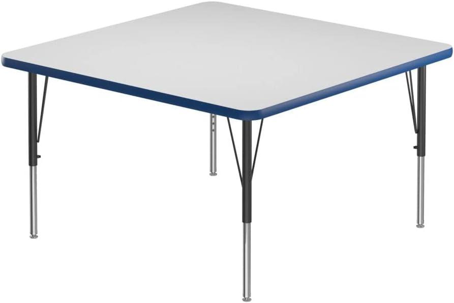 Correll 42" Square Classroom Activity Table, Height Adjustable (19"-29") Markerboard/Dry Erase Durable High Pressure Top, Blue Edge, Black/Chrome Legs, School Furniture, Made in The USA, Blue