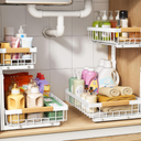 PXRACK Under Sink Organizer, Adjustable Height, 2 Tier Pull Out Under Cabinet Organizer, Slide Out Thickened Metal Under Sink Storage for Kitchen Bathroom Laundry Pantry Cabinet, White, Large1Pack