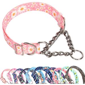 Chain Martingale Collar for Dogs, No Slip Choke Collar Adjustable Buckle Stainless Steel Training No Pull Dog Choker Collar for Small Medium Large Pets Girls Female, Pink Daisy M (M(Neck 15"-20"))