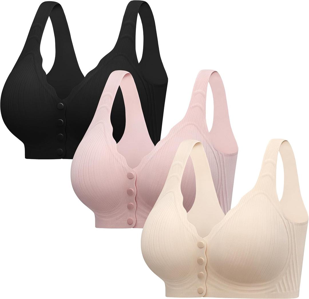 Seamless Bras for Women, Front Closure Post Surgery Mastectomy Recovery Jelly Soft Comfort Support Bralettes (Black, M)