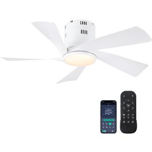 36" Flush Mount Ceiling Fan - White Low Profile Ceiling Fans with Lights and Remote/APP, 6 Speeds and Reversible 5 Fan Blades, Indoor Modern Ceiling Fan LED Light for Bedroom, Small Spaces