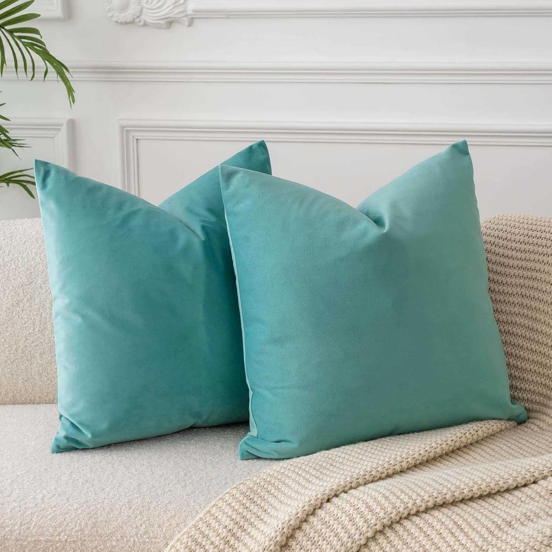 JUSPURBET Throw Pillow Covers 18x18 inch Set of 2 Decorative Velvet Pillow Covers for Couch Sofa Bed Soft Cushion Covers Cases with Invisible Zipper for Living Room Home Decor,Teal Green