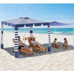 Rhino Valley Beach Cabana, 120 Sq. Ft Beach Canopy UPF50+ Protection, Easy Setup & Adjustable Height Beach Tent Sun Shelter with Cup Holder, Portable for 4-8 People, Blue & White Stripes