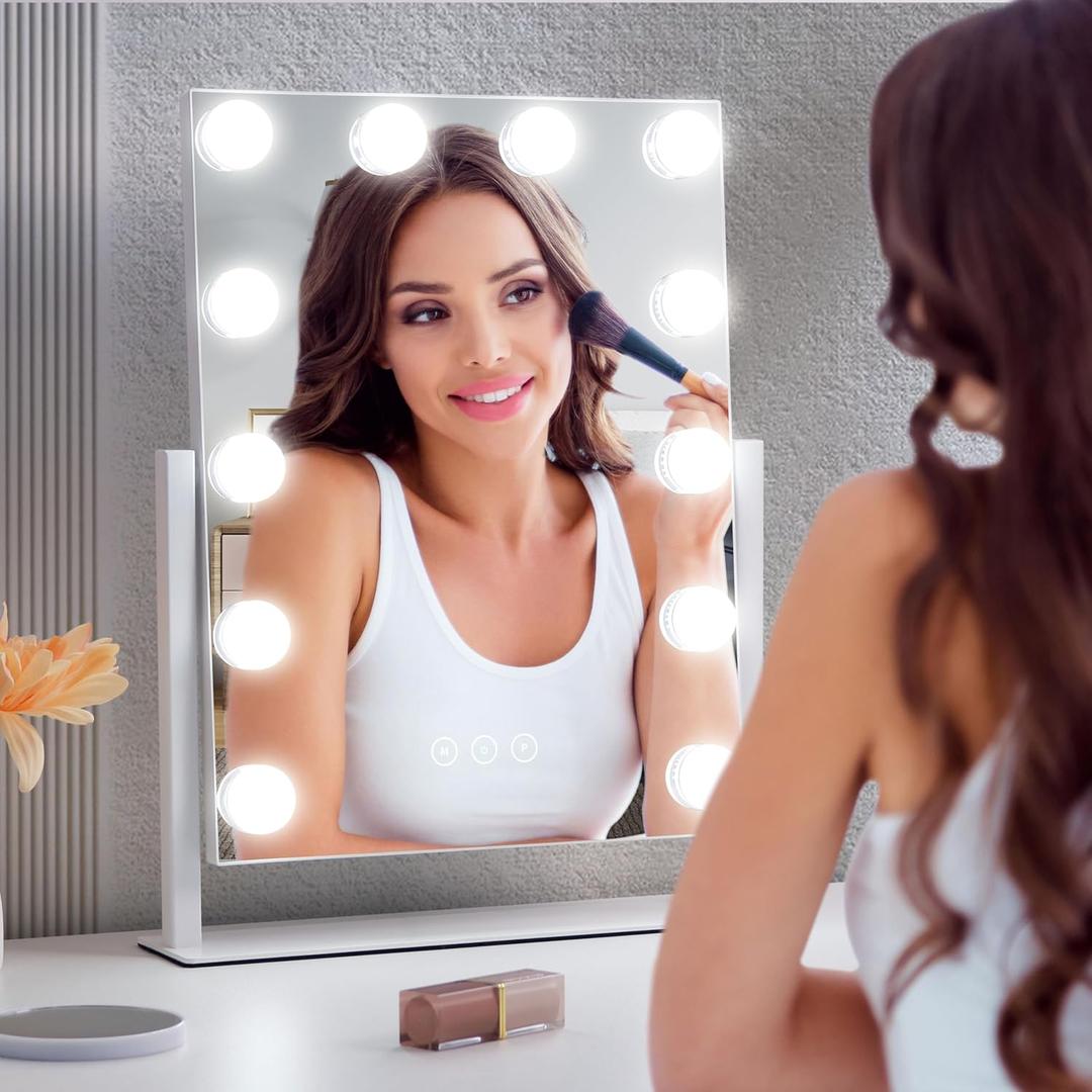 Rechargeable Vanity Mirror with Lights, Table Mirror with Stand, Makeup Mirror with 3 Colors and Brightness Adjustable, 3000mAh Battery, 1410 Inch (14"x10" White)