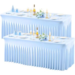 Wish Care 2 Pack Baby Blue Spandex Table Clothes for 6 Foot Rectangle Tables, 6FT Wrinkle Free Fitted Tablecloths Ruffles Design Table Cover for Party, Banquet, Wedding and Events