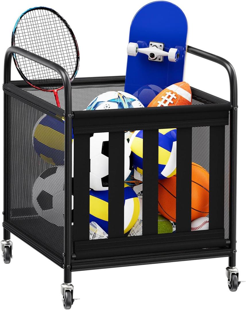 storenization Ball Storage Cart, Sports Equipment Organizer with Wheels, Storing Volleyball, Basketball, Soccer, Baseball and Toy, Lockable Rolling Sports Ball Storage for Garage, Playgroup and Gym (Middle)