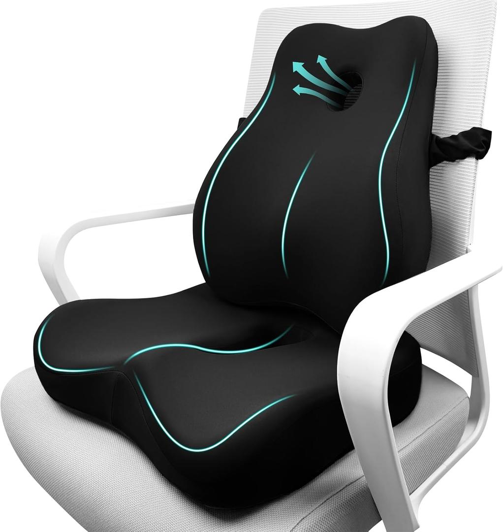 Seat Cushion & Lumbar Support Pillow Set for Office Chair, Ergonomic Pillow for Sciatica Pain Relief, Memory Foam Back Support Pillow & Chair Cushion for Car seat, Desk Chair (Black)