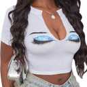 Hilinker Womens Short Sleeve V Neck T Shirts Sexy Graphic Crop Tops Summer Tees White XX-Large