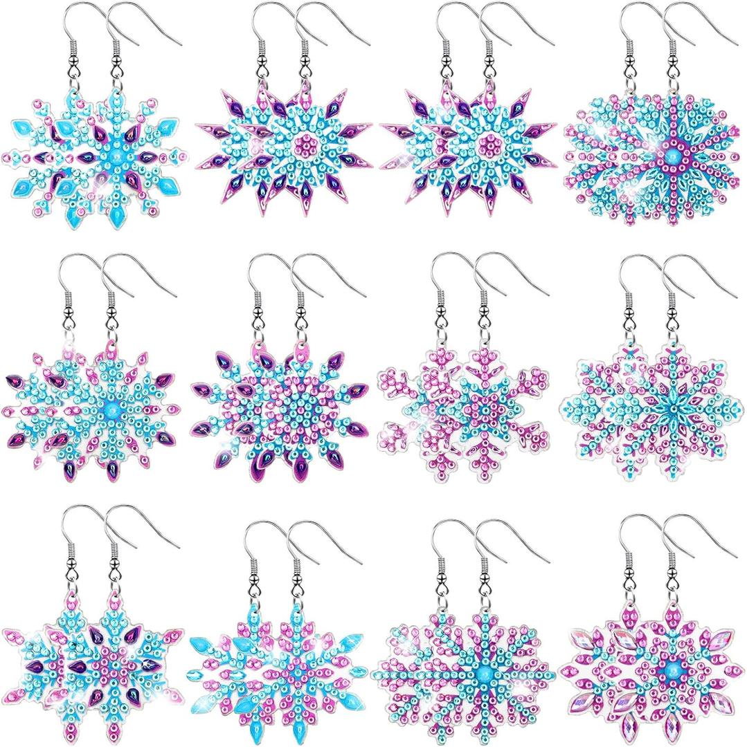 Remuuly 12 Pairs Christmas Diamond Art Earrings Making Kit 5D DIY Dangle Drop Diamond Art Painting Earrings Ornament Christmas Jewelry Making for Adults Women Tool Kit(Snowflake Style)