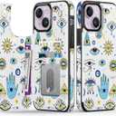 FUNMIKO for iPhone 14 Wallet Case with Card Holder, RFID-Blocking, Military-Grade Drop Protection & Floral Animal Design, Magnetic Closure with Leather Kickstand - Evil Eye