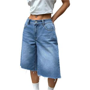 WDIRARA Women's Low Rise Baggy Denim Shorts Wide Leg Bermuda Jean Shorts (30, Frayed Blue)