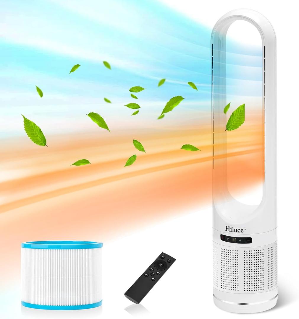 Hiluce 3-in-1 Bladeless Fan with Air Purifier,Powerful Fan and Heater Combo HEPA Filter 99.97%,Quiet Tower Fans with Remote,Tip-Over Switch,80°Oscillating, 8 Speeds, 9H Timer for Bedroom, Office
