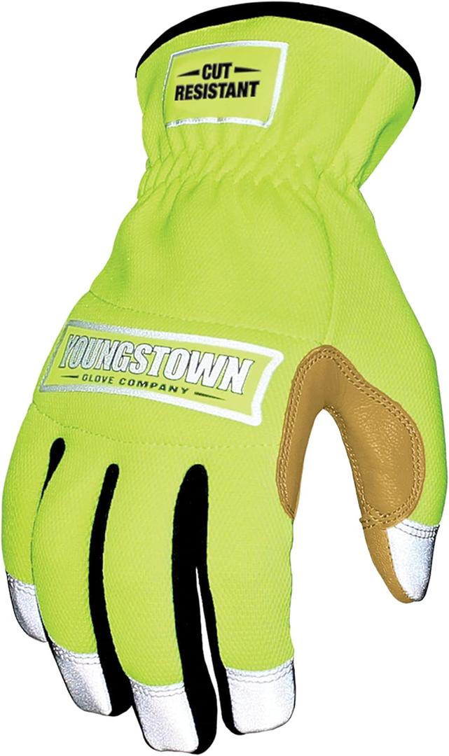 Youngstown Glove Hi Viz Cut Resistant Hybrid Safety Work Gloves For Men - Kevlar Lined, Puncture Resistant - Lime Green, Medium