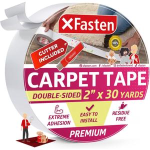 XFasten Double Sided Carpet Tape for Area Rugs 2 Inch x 30 Yards w/Mini Cutter, Residue-Free Carpet Tiles Tape, Heavy-Duty Rug Pad Gripper for Hardwood, Vinyl Flooring Underlayments, Laminate