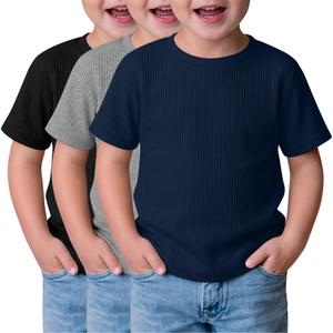 LessonZoo 3 Pack Baby Boys T-Shirts Toddler 18M-5T Short Sleeve Summer Ribbed Crew Neck Soft Loose Shirts Infant Clothes Tees(4T,Navy Blue, Light Mix Gray, Black)
