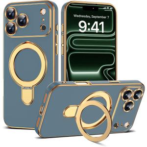 Compatible with iPhone 17 Pro Max Case with Magnetic Ring Stand [Compatible with Mag-Safe] [Full Camera Lens Protector] Soft Plating Phone Case for iPhone 17 Pro Max 6.9", Grey Blue