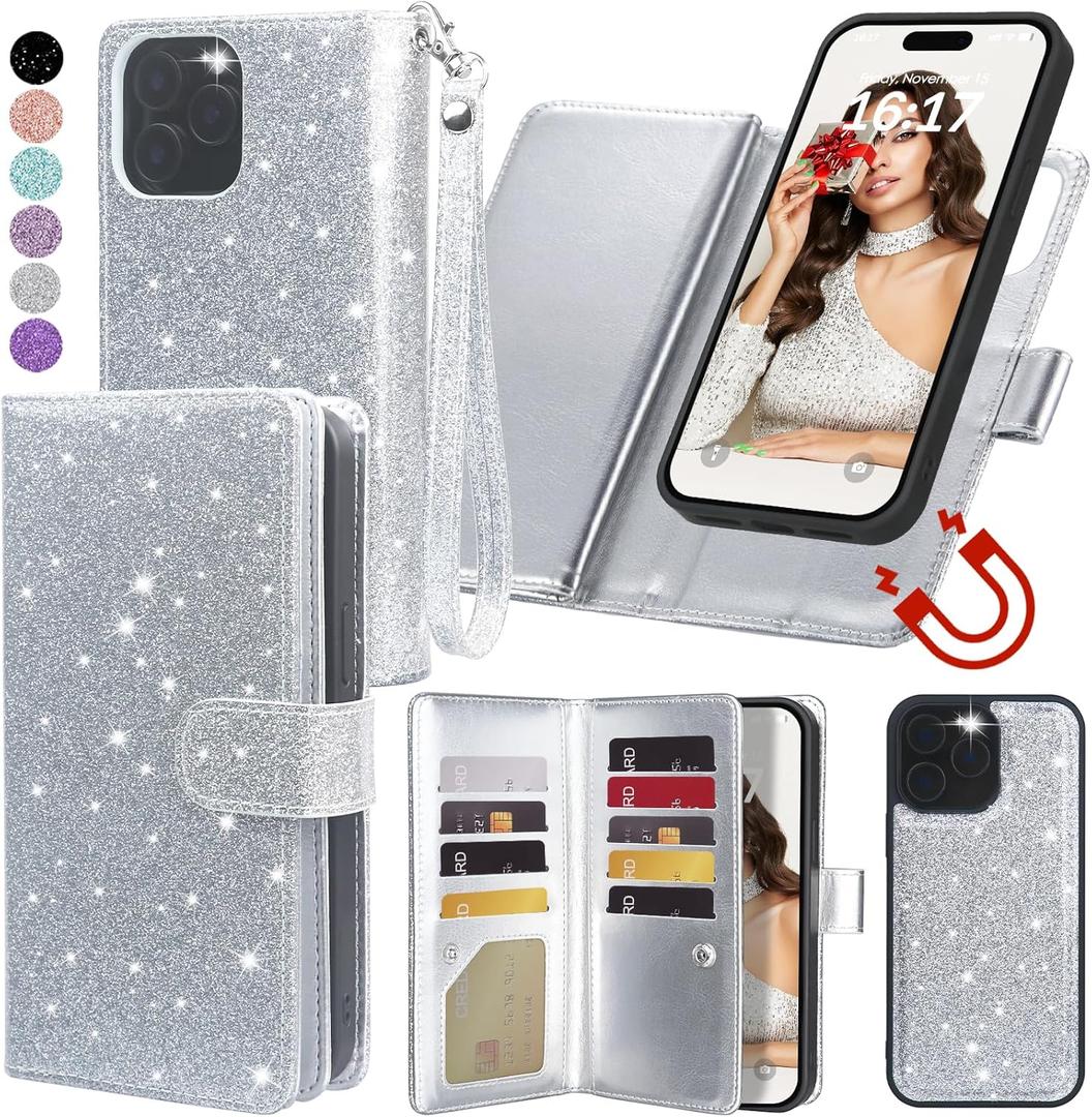 Varikke for iPhone 12 Wallet Case Detachable with Card Holder for Women, Fashion Glitter PU Leather Strap Strong Magnetic Flip Wallet Removable Phone Case Cover for iPhone 12 & 12 Pro 6.1", Silver