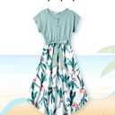 PATPAT Family Matching Outfits Short Sleeve Mommy and Me Outfits Belted Dresses and Casual T-Shirts Matching Sets (Small, Celadon)