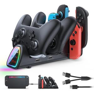 FASTSNAIL [Switch 2/1 Compatible] Charging Dock for Nintendo Switch 2/1/OLED for Joycon 2, 10 in 1 Fast Charger Station Stand for Pro Controller 2/1 with 11 RGB Modes, LED Indicator, Charger Cable