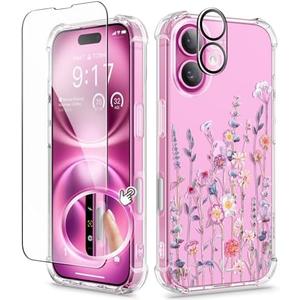 GVIEWIN for iPhone 16 Case, with Screen Protector & Camera Lens Protector, Floral Shockproof Protective Bumper Slim Soft Clear Phone Cover for Women 2024 6.1"(Floratopia/Colorful)