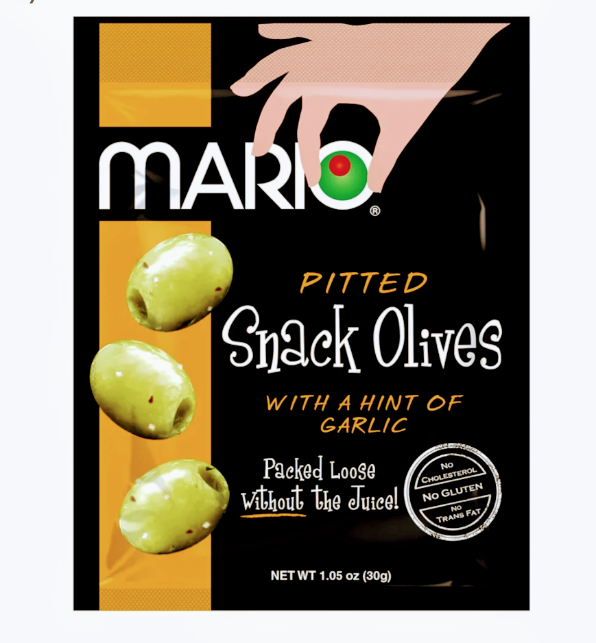  Mario Camacho Foods Pitted Snack Olives - Green Olives with a Hint of Garlic - 1.05 oz Pouches (Pack of 12), Best By: 12/2023