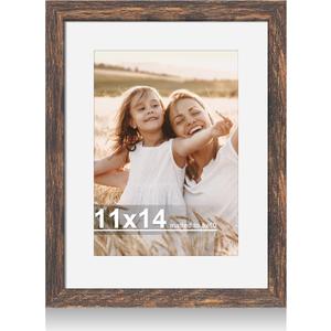 Hongkee 11x14 Picture Frame with Real Glass - 8x10 Wooden Frame with Mat, Horizontal and Vertical Display for Wall or Tabletop (Rustic Brown, 1 Pack), 11X14 in