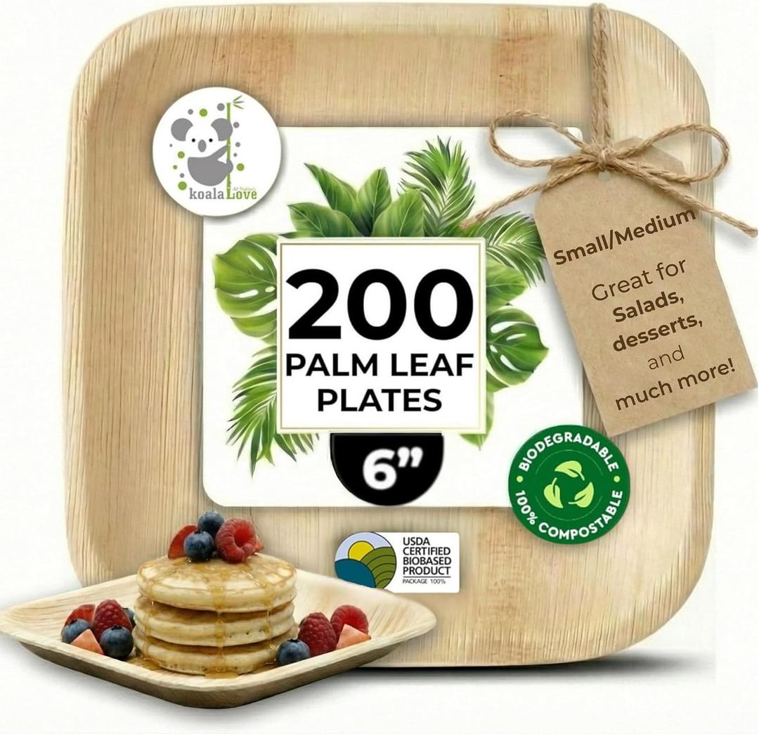 Palm Leaf Plate Bamboo Paper Disposable 6 Inch 200 Bulk Appetizer and Dessert Square Party Pack Eco Biodegradable Compostable Wooden Plate Better Than Plastic By KoalaLove