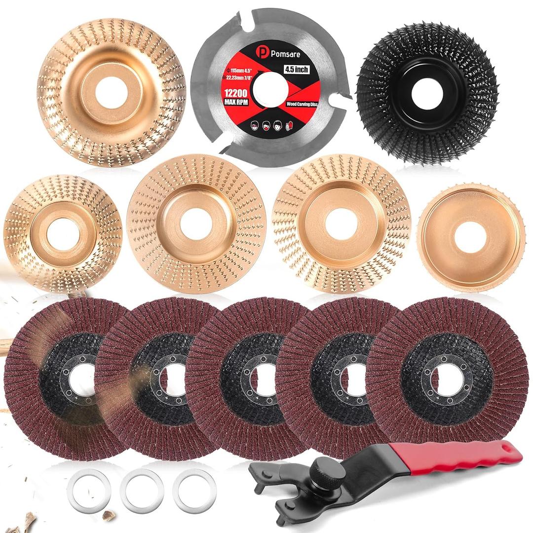 Pomsare 13PCS Wood Carving Disc Set for 4 1/2 Angle Grinder Attachments, Stump Ginder Blades Wheel for Wood, Flap Disc for Woodworking Cutting, Grinding, Shaping and Sanding