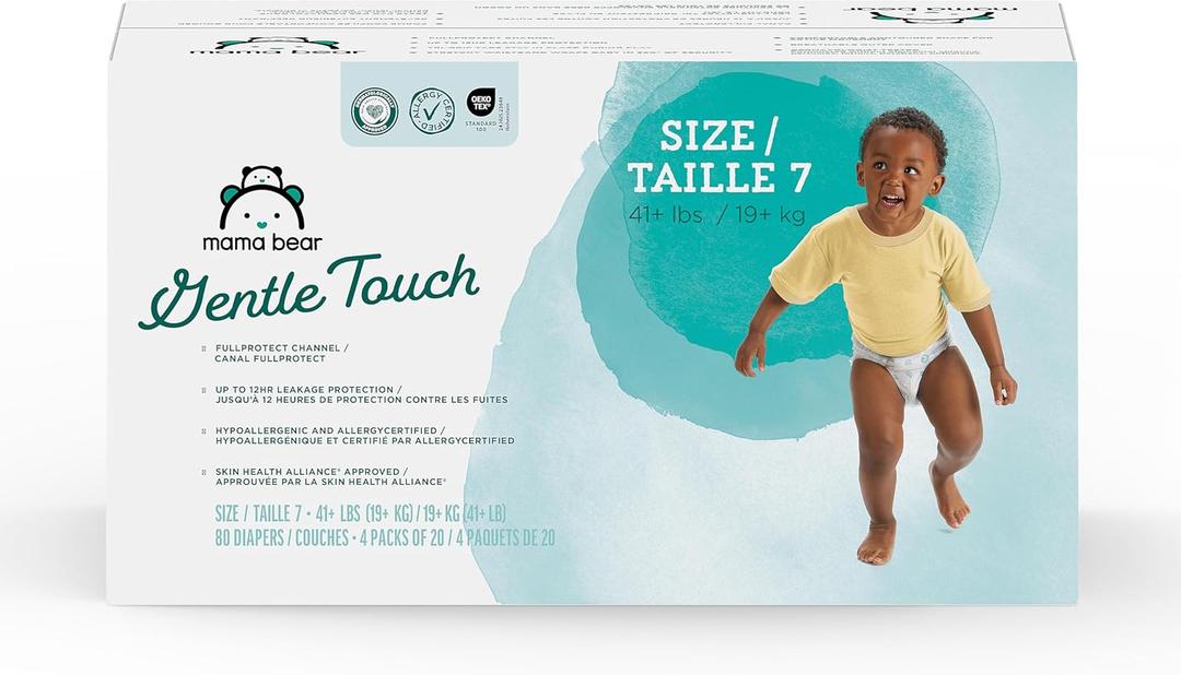 Amazon Brand - Mama Bear Gentle Touch Baby Diapers, Size 7, 80 Count (4 packs of 20), Skin Safe, 12 Hours Protection, Wetness Indicator, Stretchy Waistband