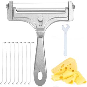 Stainless Steel Wire Cheese Slicer, Handheld Cheese Cutter with 8 Replacement Wires & Wrench Food Slicer for Block Butter Cutter Tools (Silver)
