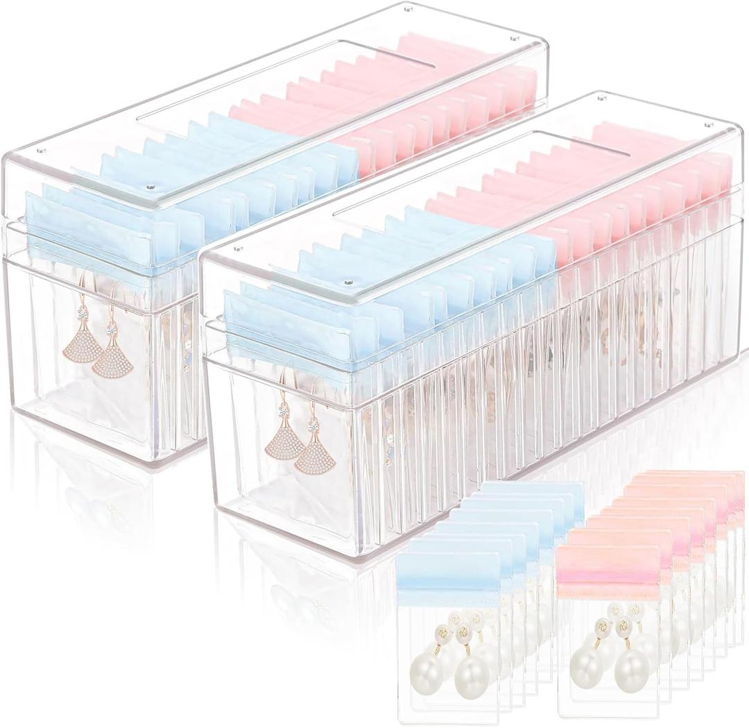 Acrylic Jewelry Box Organizer 2-Pack Clear Jewelry Organizer and Storage with 50 PVC Anti-Oxidizing Zipper Bags Travel Jewelry Case for Earring/Ring/Necklace Organizer Women & Girls Gift