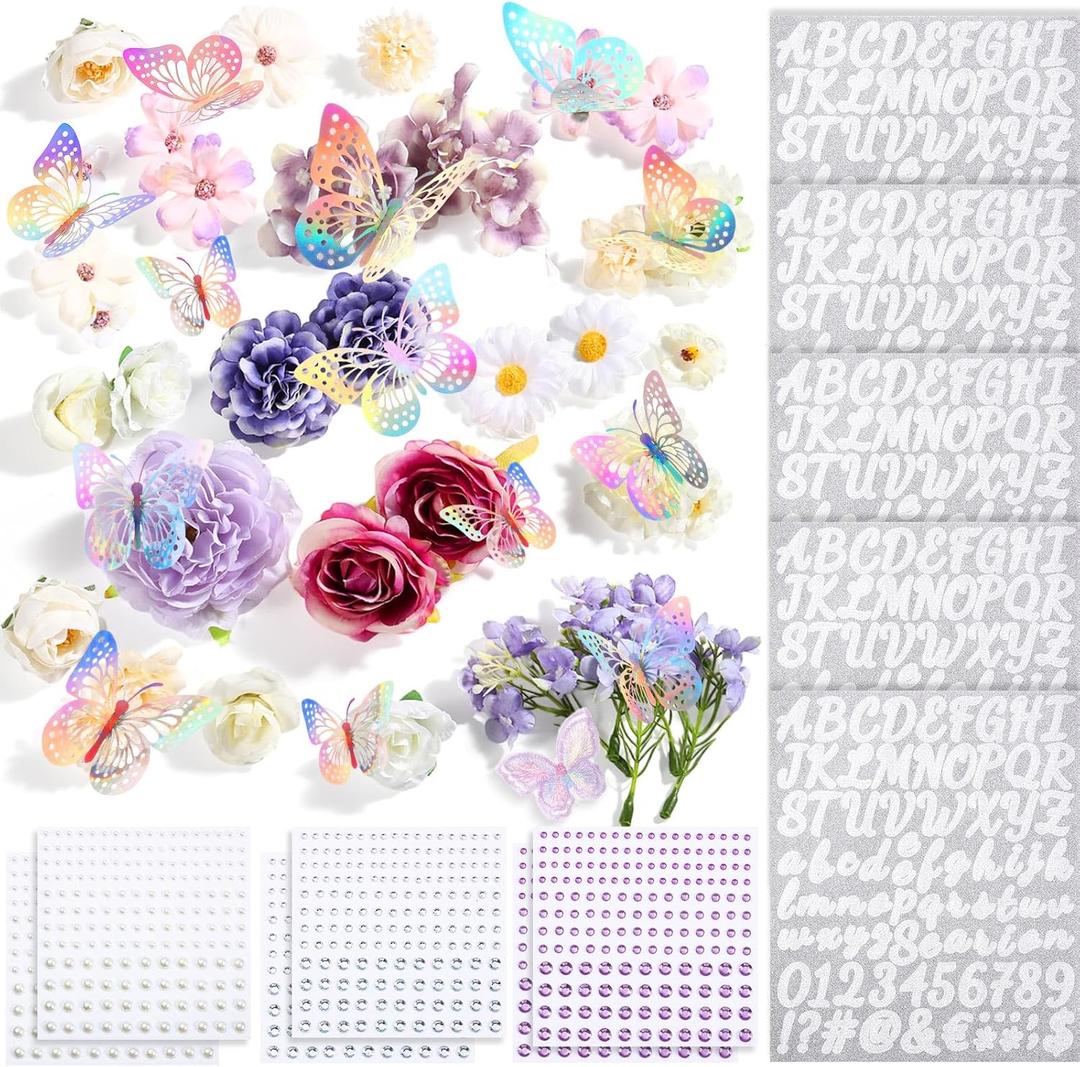Hoteam DIY Handcraft Decorations Kits Included Faux Flowers 3D Butterfly Stickers Self Adhesive Rhinestones Glitter Alphabet Letter Stickers for Grad Cap Topper Party Gifts Art Decor(Purple White)