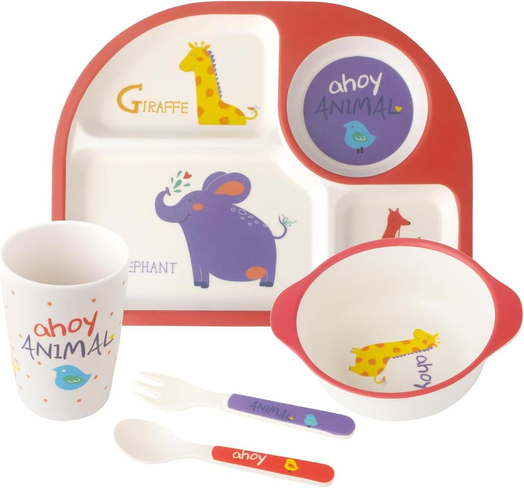 Kids Feeding Set 5 Pcs, Tableware Set for Toddlers Includes Plate Bowl Cup Fork and Spoon Utensil Flatware, Kids Flatware Set Dishwasher Safe, BPA Free (Animalworld)