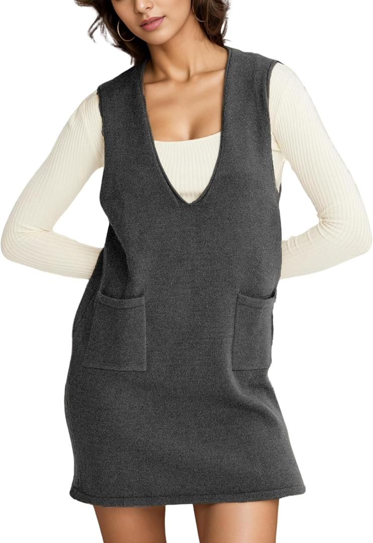 Womens Sweater Vest Dress V Neck Sleeveless Knit Pullover Pinafore Mini Dress with Pockets (Small, Grey)
