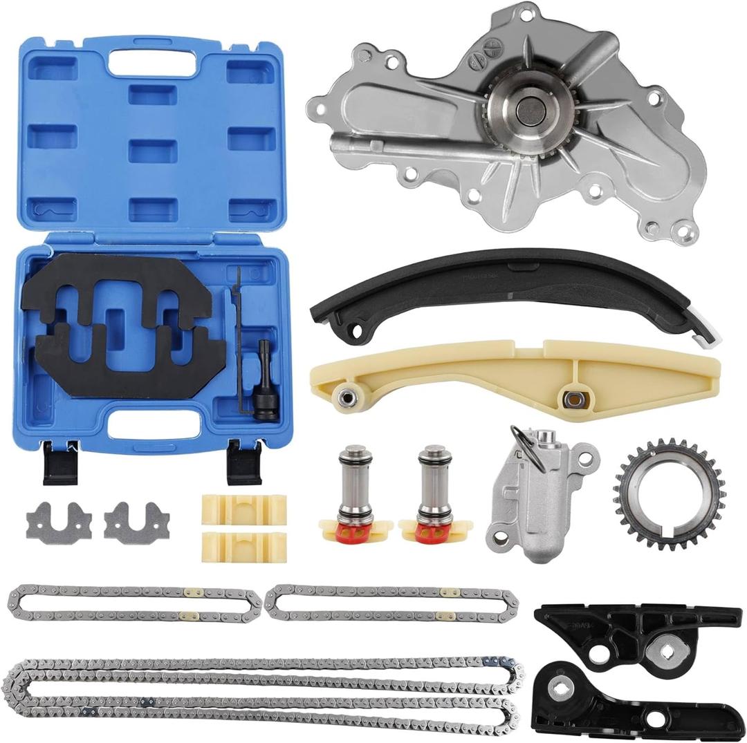 Timing Chain Kit with Water Pump, Compatible with 2011-2019 Ford F-150/Edge/Explorer/Taurus/Flex/Mustang, Lincoln 3.5 3.7 L Engine, with Camshaft Holding Tool Kit, Replaces# 252-955 303-1530