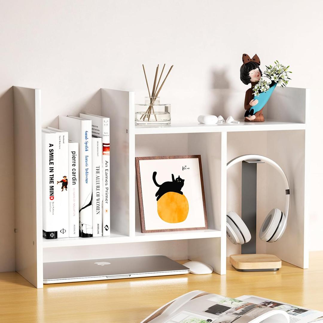 Desk Shelves Wood Desktop Orgnizer Shelf. Office Organization for Top of Desk Organizers and Accessories Bookshelf Shelving, Adjustable Tier H-Shape Mini Bookcase (White)