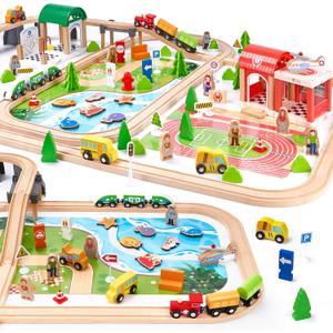 Wooden Train Set 175-Piece for Toddlers Kids Ages 3-8, Double-Sided Expandable Train Track with Puzzles & Magnetic Fishing Toys Compatible with Major Brands, STEM Railway Playset Gifts for Boys Girls