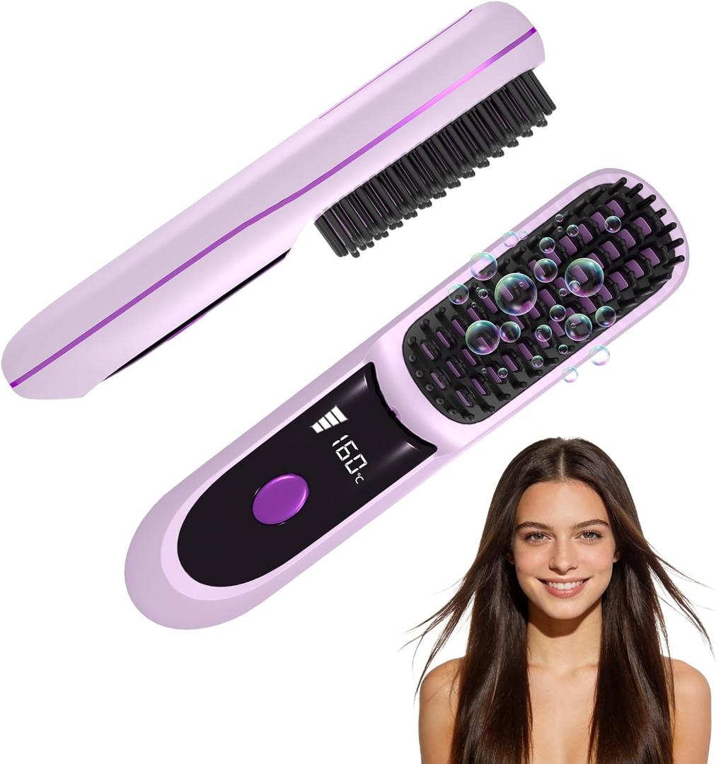 Go Brush Pro 2026, Portable Straightener Brushs for Travel, with LCD Temperature Display, Fast Heating Cordless Mini Hair Brushs (Purple)