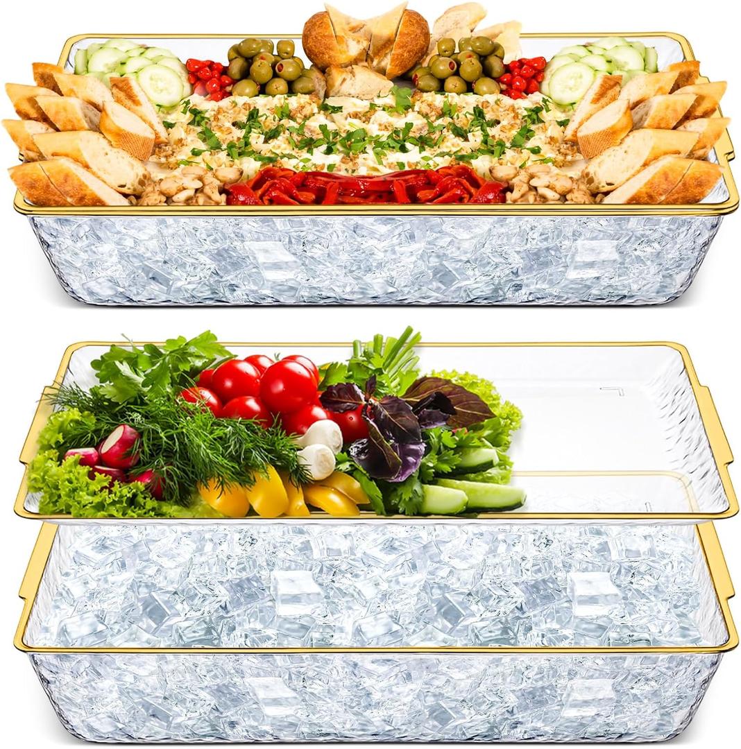 Baderke 2 Set 16" x 9" Plastic Chilled Serving Tray for Parties with Compartments Ice Chilled Party Platter Charcuterie Serving Board Cold Dish Dip for Fruit Seafood Vegetable Appetizer (Gold Rim)