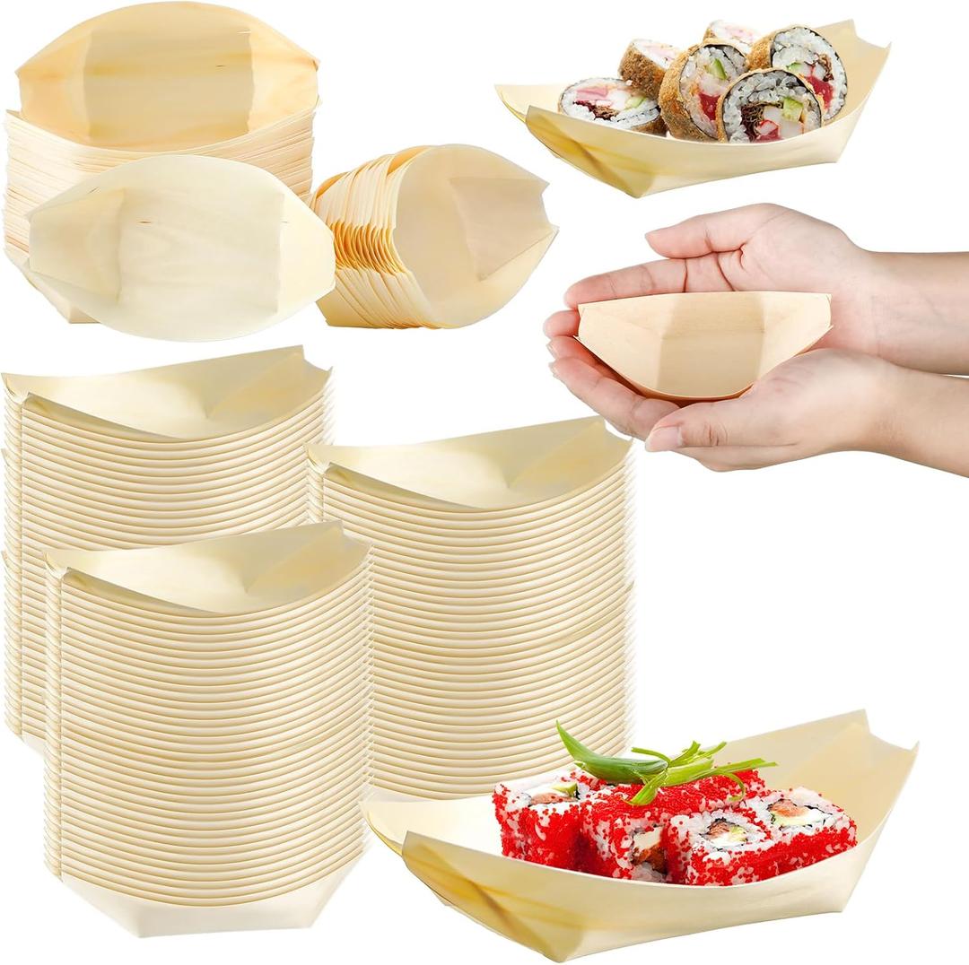 Hoolerry 300 Pcs Disposable Wood Boat Plates Dishes 4 Inches Bamboo Plates Sushi Boat Disposable Bamboo Leaf Dish Serving Tray Food Container Wood Bowl For Catering Home, about 4 x 2.56 inches/ 11.5 x 6.5 cm