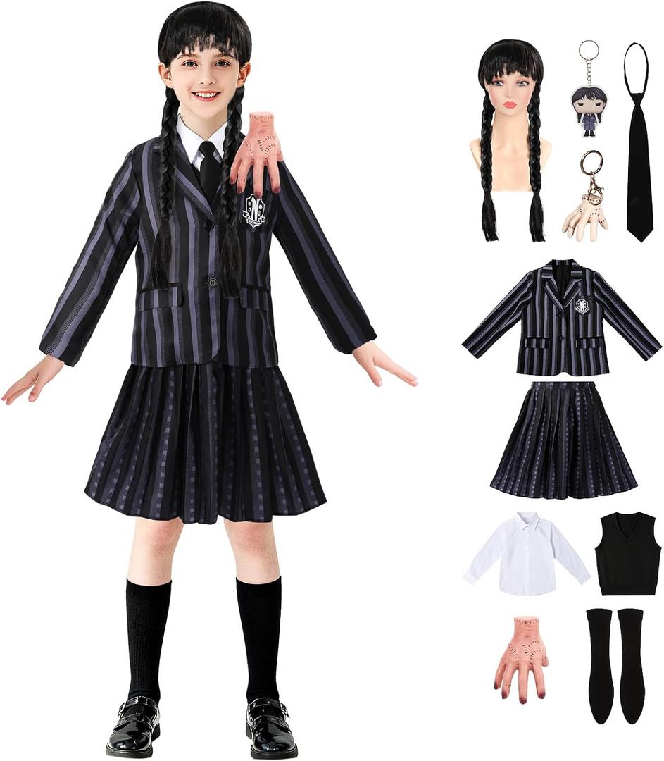 Kids Addams Costume Black Dress for Girls with Wigs Keychain Hand Halloween Cosplay Party Outfit (140)