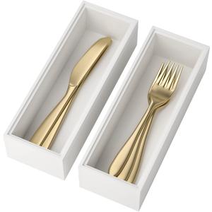 Lixple Utensil Organizer Silverware Drawer Organizer - Set of 2, Stackable Kitchen Organization, Bamboo Storage Box Tray for Kitchen Gadgets Bathroom Countertop (White)