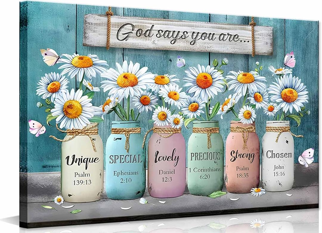 Framed God Says You Are Inspirationa Floral Canvas Wall Art Bible Verses Wall Decor Daisy Flower Poster Butterfly Pictures Paintings Prints Artwork For Office Living Room Bathroom16x24in(40-60cm)
