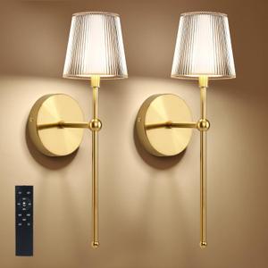 TaoFiaCo Battery Operated Wall Sconces Set of 2, Wireless Wall Sconce with Remote Dimmable Timer, Rechargeable 5200mAh, Cordless Wall Light Gold for Bedroom Living Room, Hallway, Light Decor