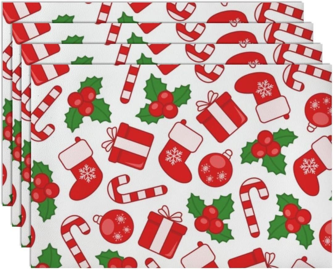 Christmas Berry Leaves Plates Placemat, Faux Leather Dining Table Dish Mat for Coffee Table 12 X 18 Inch, Water Resistant Foldable Tablemats Dining Room Accessories, Gift for Teacher, 4 Pack