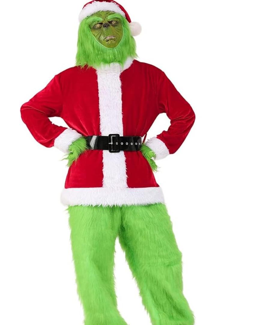 Christmas Green Costume for Men 7 Pcs Furry Adult Santa Claus Costume Mask Santa Suit Large