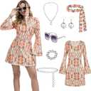 70s Disco Outfits for Women, 7 Pcs 60s Outfits Hippie Costume Women Accessories Jewelry Prom Bling Dress (X-Large, Orange)