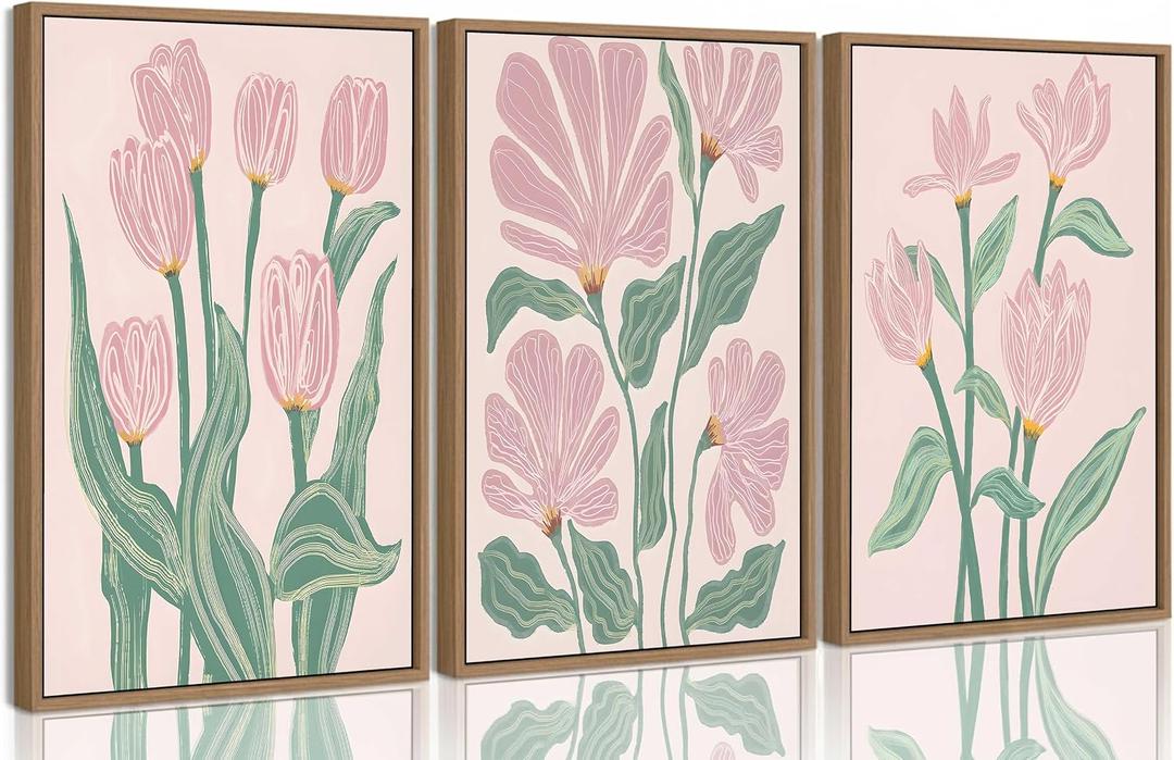 Framed 3 Pcs Pink Tulips Flowers Canvas Wall Art Boho Pink and Green Abstract Floral Botanical Paintings Pictures Wall Decor Poster Print Artwork for Living Room Bedroom Home Decoration