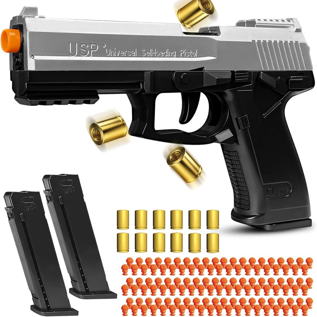 Toy Guns with Automatic Reloading Rebound, Soft Bullet Toy Gun Pistol with Ejecting Shells, Shooting Games Education Model Gifts for Kids Boys Girls (Silver)